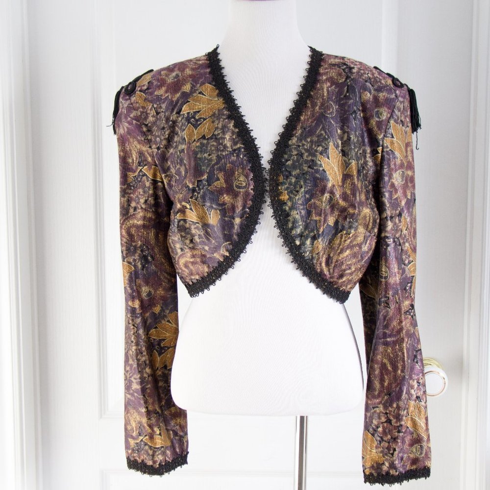 JANINE Vintage Floral Multi-Colour Crop Jacket Bolero Large